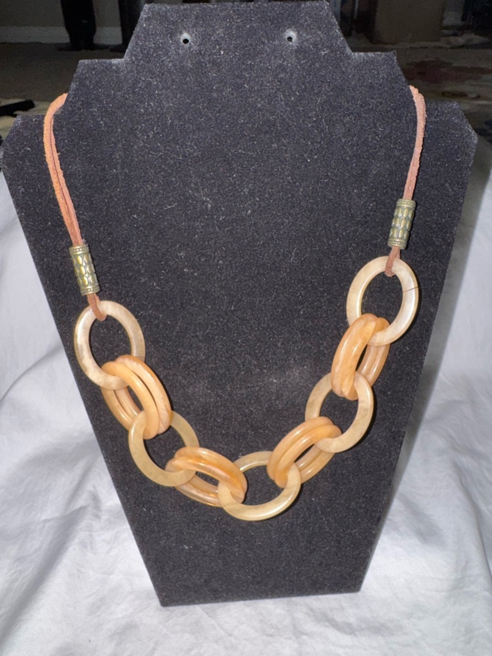 Boho Chunky Resin Link Necklace Leather Cord Brass Accents Statement